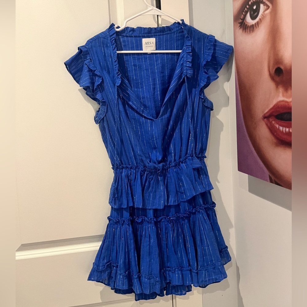 MISA LOS ANGELES Blue Ruffled Tiered Metallic Dress XS